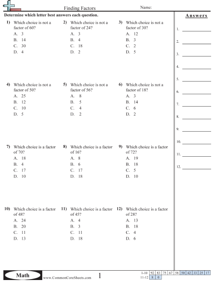 4.oa.4 Worksheets - Finding Factors worksheet